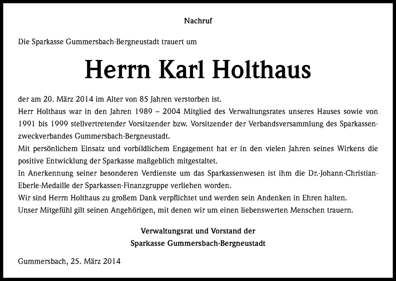 Traueranzeige für Karl Holthaus vom 25.03.2014 aus Kölner Stadt-Anzeiger / Kölnische Rundschau / Express