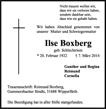 Anzeige von Ilse Boxberg von Kölner Stadt-Anzeiger / Kölnische Rundschau / Express