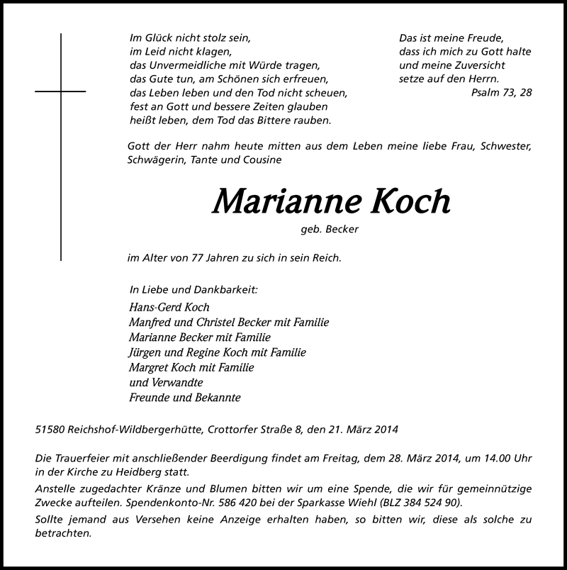  Traueranzeige für Marianne Koch vom 25.03.2014 aus Kölner Stadt-Anzeiger / Kölnische Rundschau / Express
