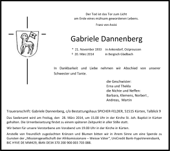 Anzeige von Gabriele Dannenberg von Kölner Stadt-Anzeiger / Kölnische Rundschau / Express