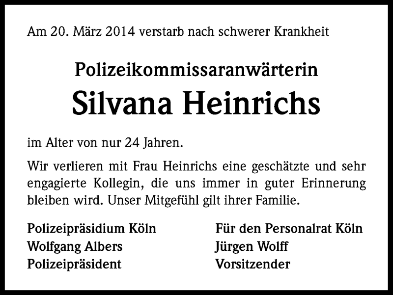  Traueranzeige für Silvana Heinrichs vom 26.03.2014 aus Kölner Stadt-Anzeiger / Kölnische Rundschau / Express