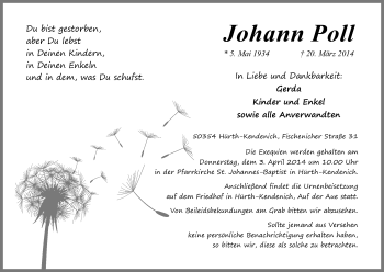 Anzeige von Johann Poll von Kölner Stadt-Anzeiger / Kölnische Rundschau / Express