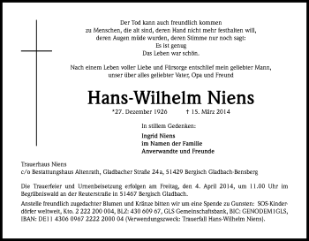 Anzeige von Hans-Wilhelm Niens von Kölner Stadt-Anzeiger / Kölnische Rundschau / Express