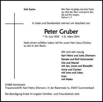 Anzeige von Peter Gruber von Kölner Stadt-Anzeiger / Kölnische Rundschau / Express