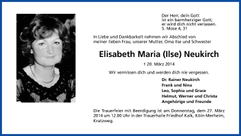 Anzeige von Elisabeth Maria Neukirch von Kölner Stadt-Anzeiger / Kölnische Rundschau / Express