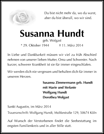 Anzeige von Susanna Hundt von Kölner Stadt-Anzeiger / Kölnische Rundschau / Express