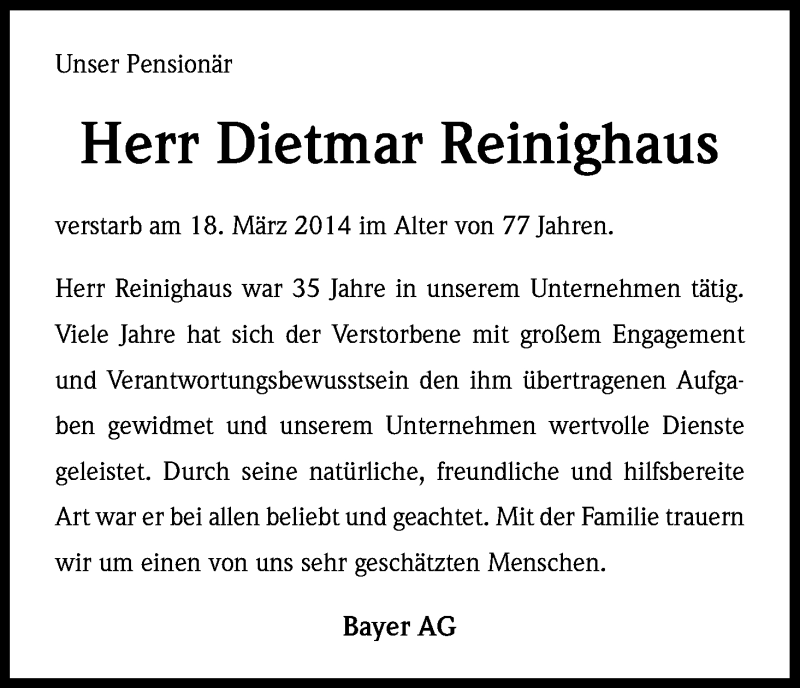  Traueranzeige für Dietmar Reinighaus vom 25.03.2014 aus Kölner Stadt-Anzeiger / Kölnische Rundschau / Express