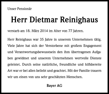 Anzeige von Dietmar Reinighaus von Kölner Stadt-Anzeiger / Kölnische Rundschau / Express