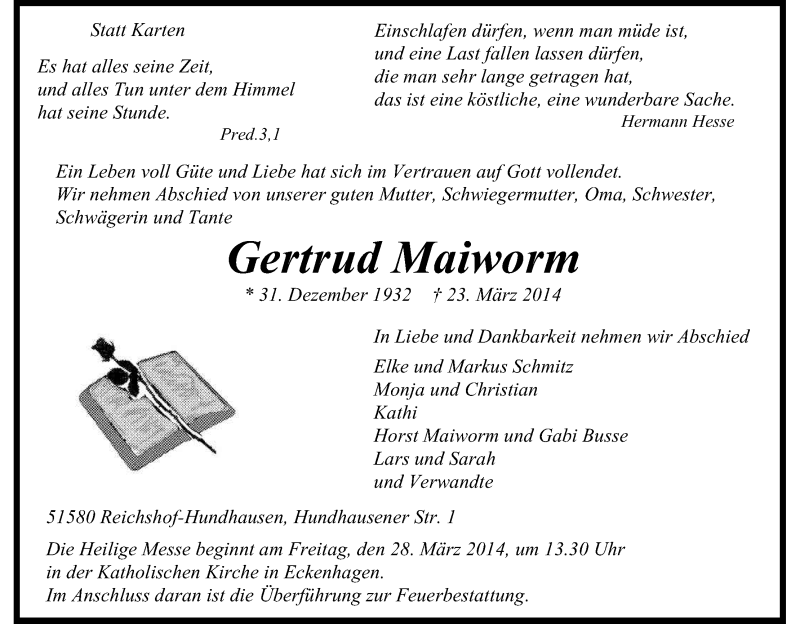  Traueranzeige für Gertrud Maiworm vom 25.03.2014 aus Kölner Stadt-Anzeiger / Kölnische Rundschau / Express