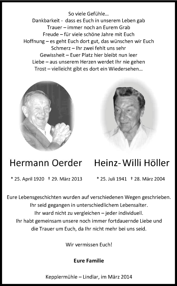  Traueranzeige für Hermann Oerder  vom 29.03.2014 aus Kölner Stadt-Anzeiger / Kölnische Rundschau / Express