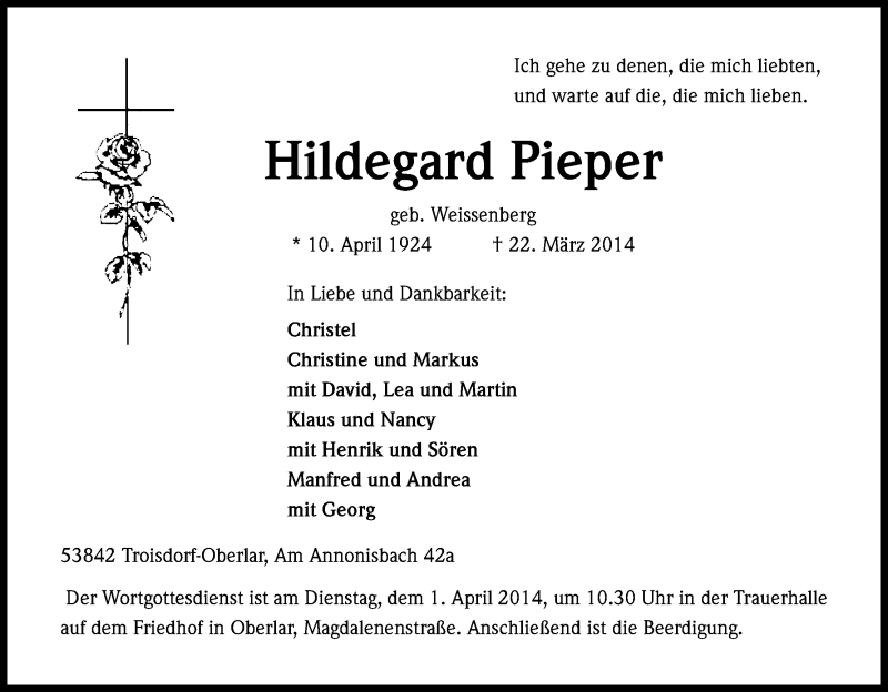  Traueranzeige für Hildegard Pieper vom 26.03.2014 aus Kölner Stadt-Anzeiger / Kölnische Rundschau / Express