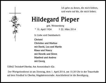 Anzeige von Hildegard Pieper von Kölner Stadt-Anzeiger / Kölnische Rundschau / Express