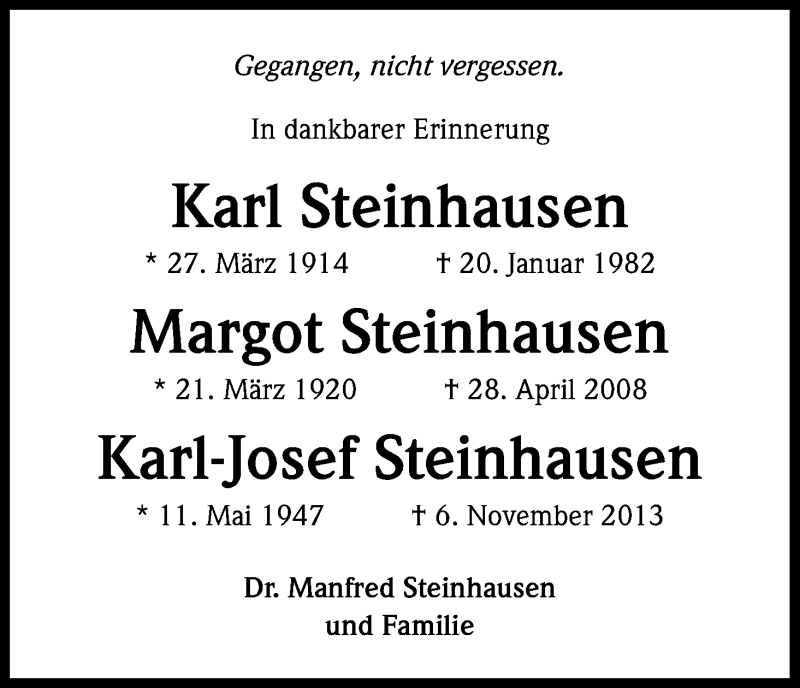  Traueranzeige für Karl-Josef Steinhausen vom 26.03.2014 aus Kölner Stadt-Anzeiger / Kölnische Rundschau / Express