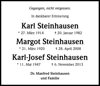 Anzeige von Karl-Josef Steinhausen von Kölner Stadt-Anzeiger / Kölnische Rundschau / Express
