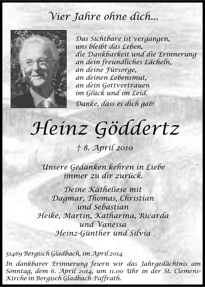  Traueranzeige für Heinz Göddertz vom 05.04.2014 aus Kölner Stadt-Anzeiger / Kölnische Rundschau / Express