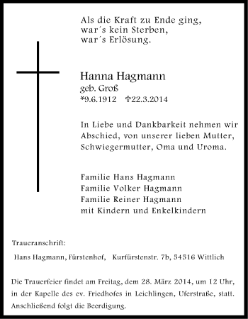 Anzeige von Hanna Hagmann von Kölner Stadt-Anzeiger / Kölnische Rundschau / Express