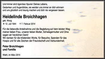 Anzeige von Heidelinde Broichhagen von Kölner Stadt-Anzeiger / Kölnische Rundschau / Express