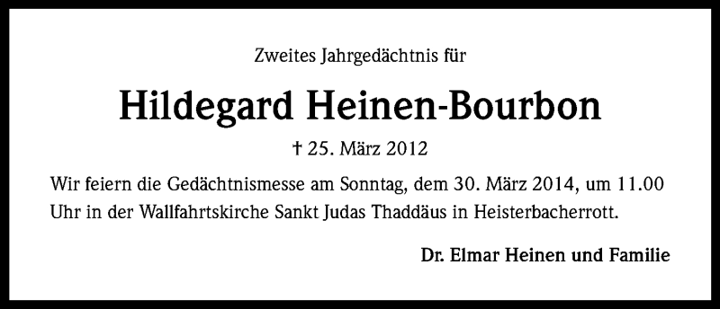  Traueranzeige für Hildegard Heinen-Bourbon vom 26.03.2014 aus Kölner Stadt-Anzeiger / Kölnische Rundschau / Express