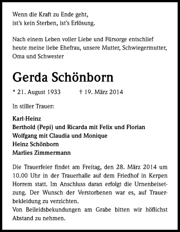 Anzeige von Gerda Schönborn von Kölner Stadt-Anzeiger / Kölnische Rundschau / Express
