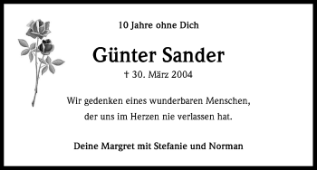 Anzeige von Günter Sander von Kölner Stadt-Anzeiger / Kölnische Rundschau / Express