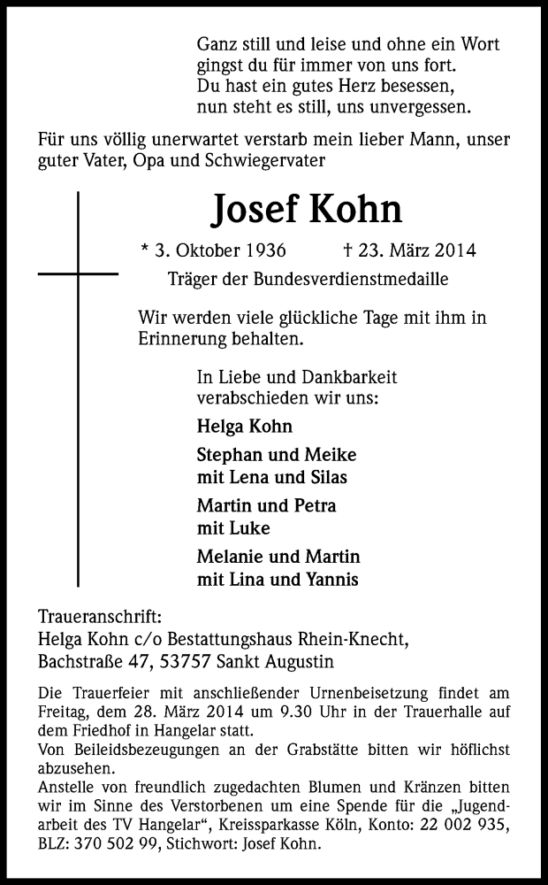  Traueranzeige für Josef Kohn vom 26.03.2014 aus Kölner Stadt-Anzeiger / Kölnische Rundschau / Express