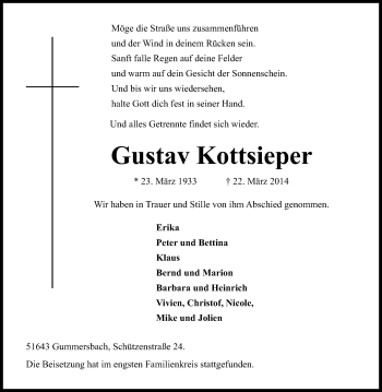 Anzeige von Gustav Kottsieper von Kölner Stadt-Anzeiger / Kölnische Rundschau / Express
