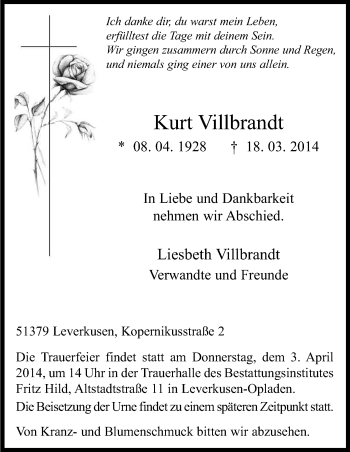 Anzeige von Kurt Villbrandt von Kölner Stadt-Anzeiger / Kölnische Rundschau / Express