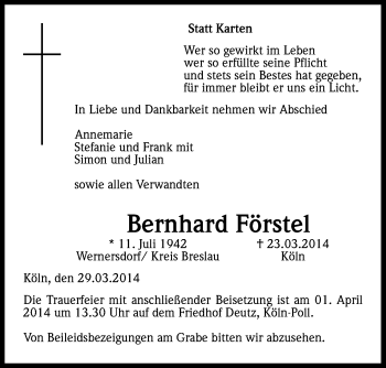 Anzeige von Bernhard Förstel von Kölner Stadt-Anzeiger / Kölnische Rundschau / Express