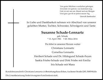 Anzeige von Susanne Schade-Lennartz von Kölner Stadt-Anzeiger / Kölnische Rundschau / Express