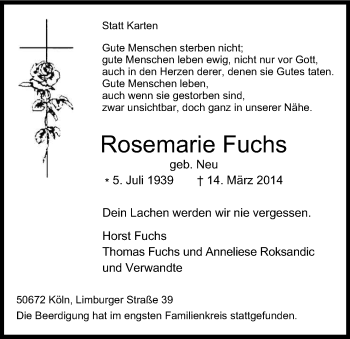 Anzeige von Rosemarie Fuchs von Kölner Stadt-Anzeiger / Kölnische Rundschau / Express