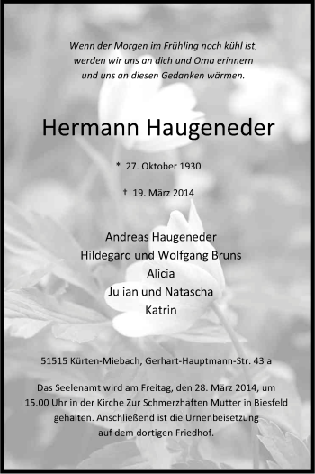 Anzeige von Hermann Haugeneder von Kölner Stadt-Anzeiger / Kölnische Rundschau / Express