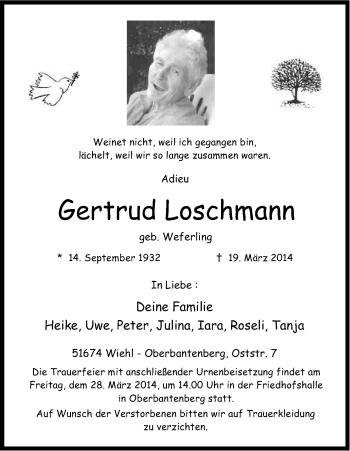 Anzeige von Gertrud Loschmann von Kölner Stadt-Anzeiger / Kölnische Rundschau / Express