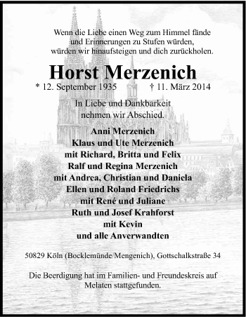 Anzeige von Horst Merzenich von Kölner Stadt-Anzeiger / Kölnische Rundschau / Express
