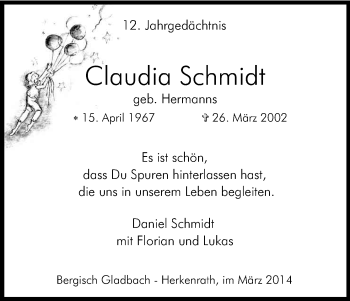 Anzeige von Claudia Schmidt von Kölner Stadt-Anzeiger / Kölnische Rundschau / Express