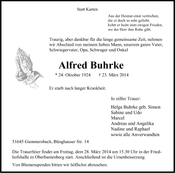 Anzeige von Alfred Buhrke von Kölner Stadt-Anzeiger / Kölnische Rundschau / Express