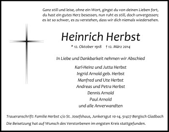 Anzeige von Heinrich Herbst von Kölner Stadt-Anzeiger / Kölnische Rundschau / Express