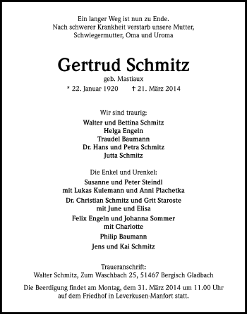 Anzeige von Gertrud Schmitz von Kölner Stadt-Anzeiger / Kölnische Rundschau / Express