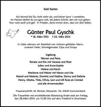 Anzeige von Günter Paul Gyschk von Kölner Stadt-Anzeiger / Kölnische Rundschau / Express