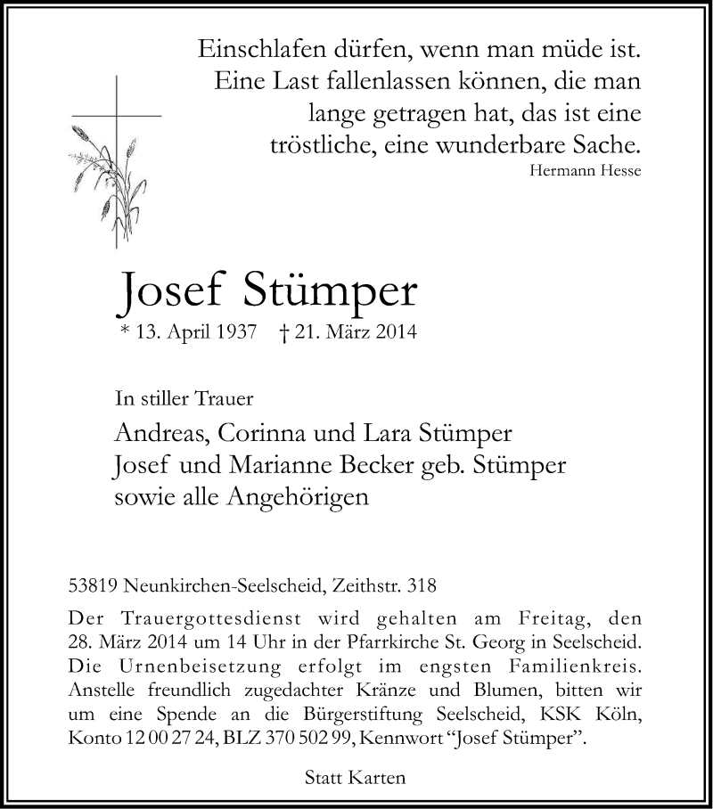  Traueranzeige für Josef Stümper vom 26.03.2014 aus Kölner Stadt-Anzeiger / Kölnische Rundschau / Express