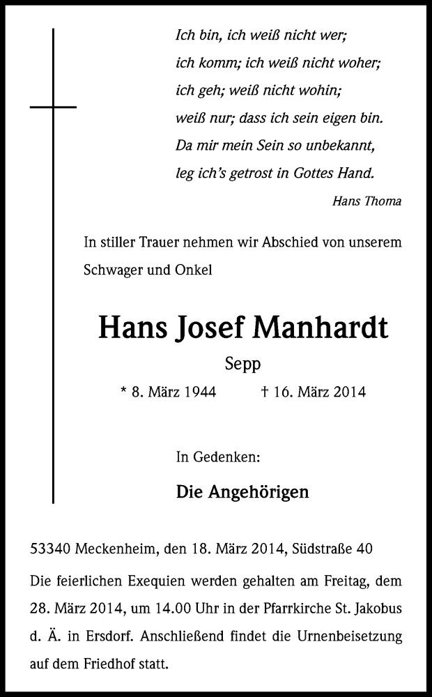  Traueranzeige für Hans Josef Manhardt vom 26.03.2014 aus Kölner Stadt-Anzeiger / Kölnische Rundschau / Express