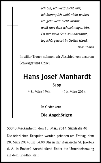 Anzeige von Hans Josef Manhardt von Kölner Stadt-Anzeiger / Kölnische Rundschau / Express
