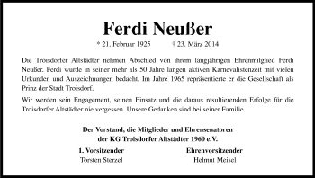 Anzeige von Ferdi Neußer von Kölner Stadt-Anzeiger / Kölnische Rundschau / Express