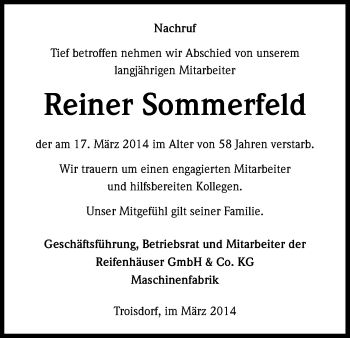 Anzeige von Reiner Sommerfeld von Kölner Stadt-Anzeiger / Kölnische Rundschau / Express