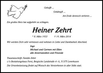 Anzeige von Heiner Zehrt von Kölner Stadt-Anzeiger / Kölnische Rundschau / Express