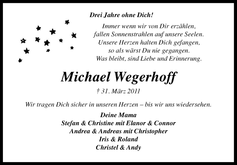  Traueranzeige für Michael Wegerhoff vom 29.03.2014 aus Kölner Stadt-Anzeiger / Kölnische Rundschau / Express