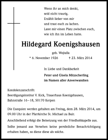 Anzeige von Hildegard Koenigshausen von Kölner Stadt-Anzeiger / Kölnische Rundschau / Express