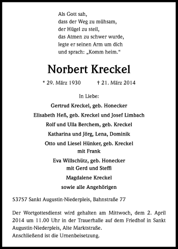 Anzeige von Norbert Kreckel von Kölner Stadt-Anzeiger / Kölnische Rundschau / Express