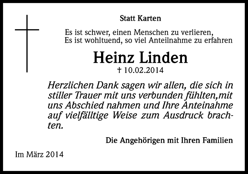 Traueranzeige für Heinz Linden vom 29.03.2014 aus Kölner Stadt-Anzeiger / Kölnische Rundschau / Express