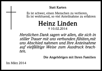 Anzeige von Heinz Linden von Kölner Stadt-Anzeiger / Kölnische Rundschau / Express