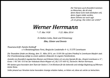 Anzeige von Werner Herrmann von Kölner Stadt-Anzeiger / Kölnische Rundschau / Express